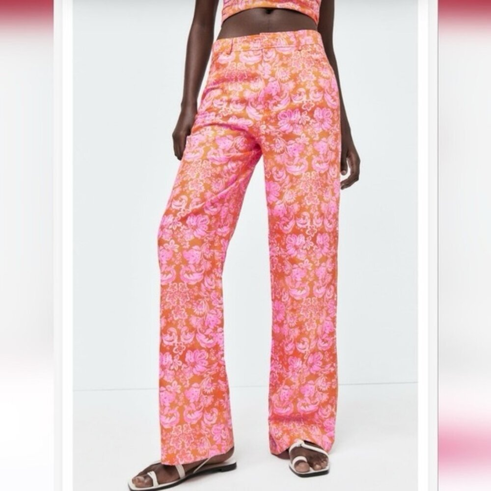NWT ZARA LINEN Blend Trousers High Rise Straight Floral Pants 8042/010 Sz S